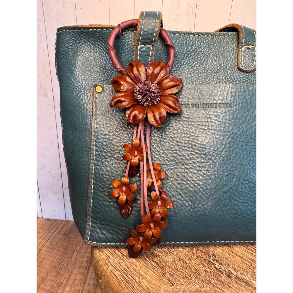 Leather Flower Purse Charm Genuine Leather Brown Daisy Bag Charm FAST SHIP NEW